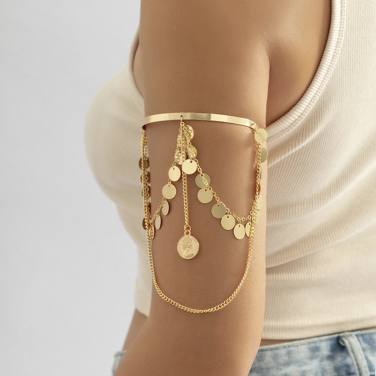 PuRui Bohemian Copper Sequins Charm Upper Arm Bracelet Human Head Pendant Tassel  Arm Cuff Bangle Bracelets For Women Jewelry