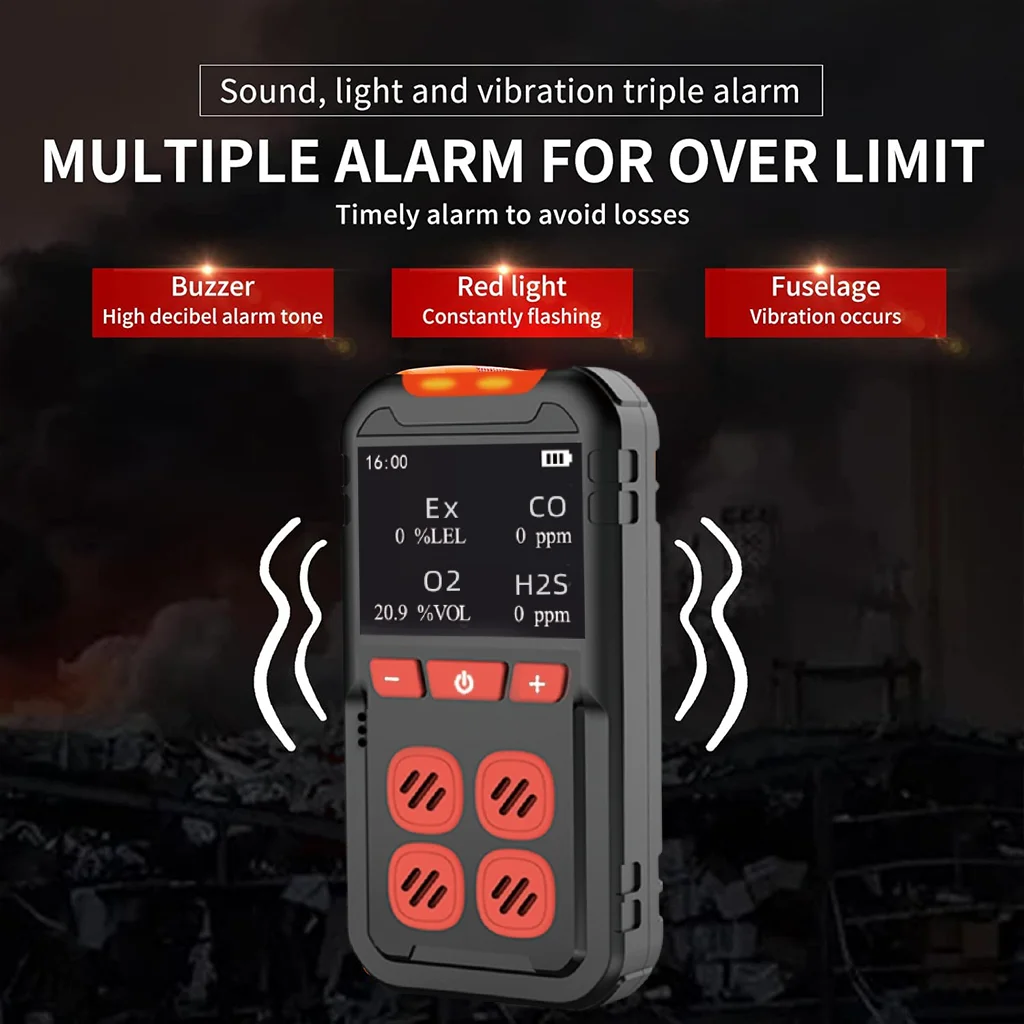 MS02 เครื่องตรวจจับก๊าซ 4 Gas Monitor (H2S CO LEL O2) การสั่นสะเทือน Visual Audible สัญญาณเตือนอายุการใช้งานแบตเตอรี่ยาวนานความปลอดภัยป้องกันการระเบิดสําหรับทํางาน