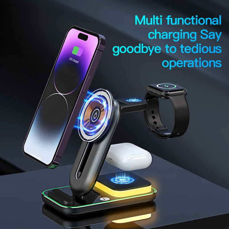 4IN1 Magnetic Wireless Charger Stand For iPhone 12 13 14 Pro Max Ambience Lamp Charging Station For Airpods Pro3 Watch 8 7 6 5 4 view 4