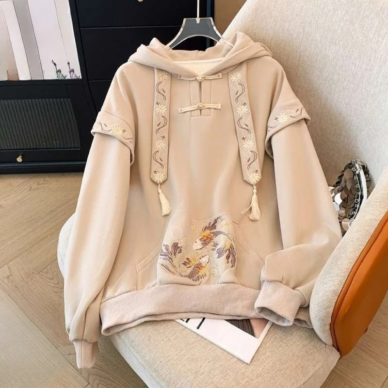 Modified Hanfu Style Fleece Hoodie Women Traditional Knot Button Embroidered Pullover