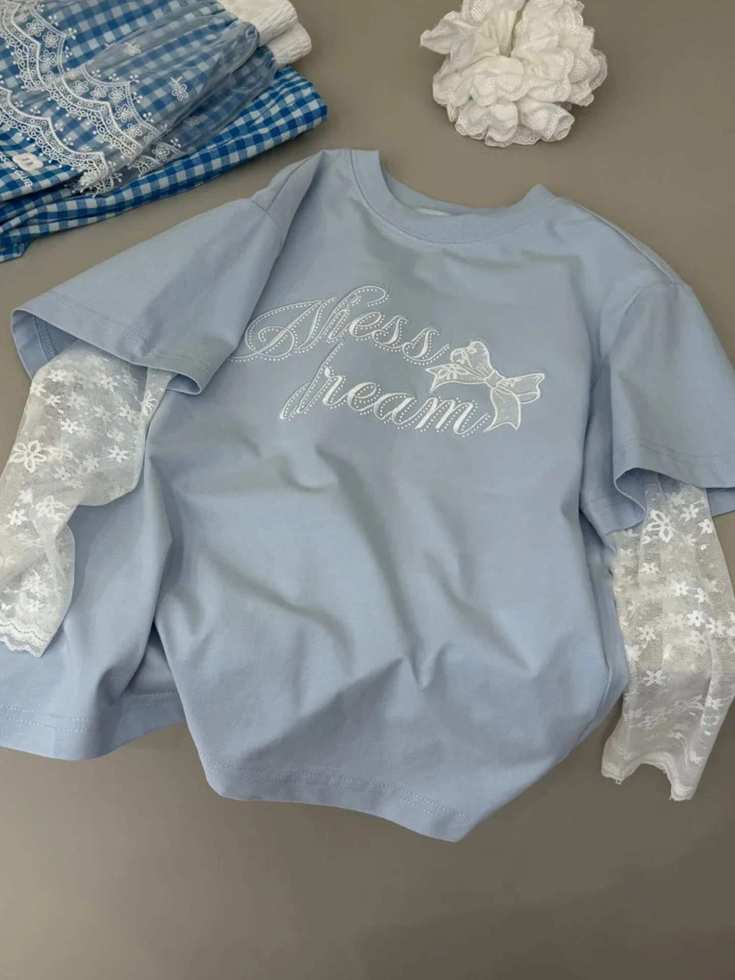 

Fashionable Short Sleeve T-Shirt Summer Wear for Girls Thin Large Children's Top Casual Style Lace Fabric Fake Two-Piece Set