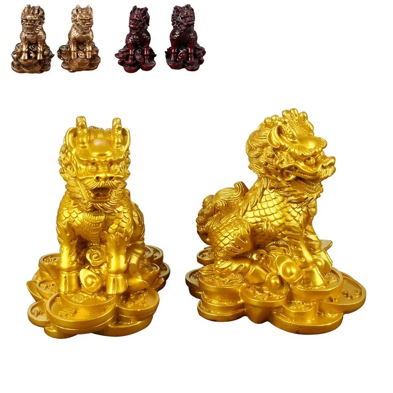 1 Pair Qi Lin Statue Feng Shui Kylin Statue Chinese Home Decor Sculpture Fortune Qilin Figurine Attract Wealth Money and Luck