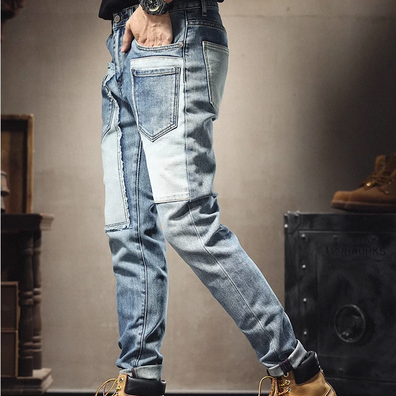 Pantalones vaqueros rasgados de empalme para hombre, Jeans ajustados de alta calidad, informales, ajustados, Vintage, azul, Hip Hop, ropa de calle