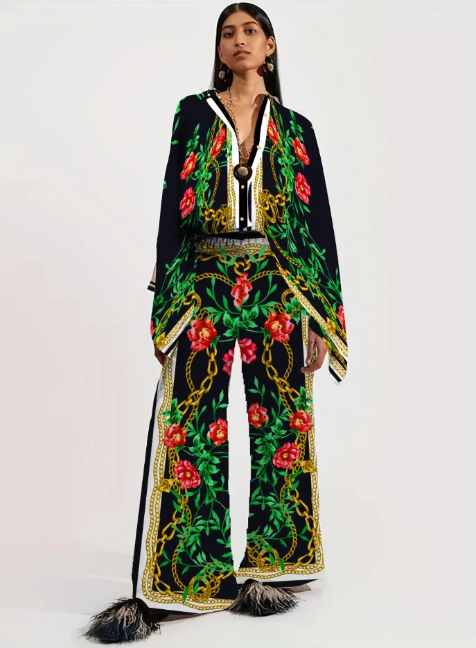 

Summer Retro Print Women's Irregular Loose Long Sleeve Shirt Wide-leg Trousers Fashion Trend Street Women's Trousers Loose Suit