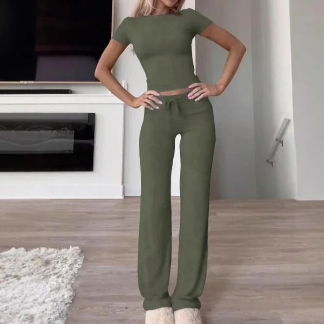 Spring 2025 Casual Pure Color Long Pants Short Sleeve Two-Piece Set Women's Fashionable Cross-Border Clothing Commute Style