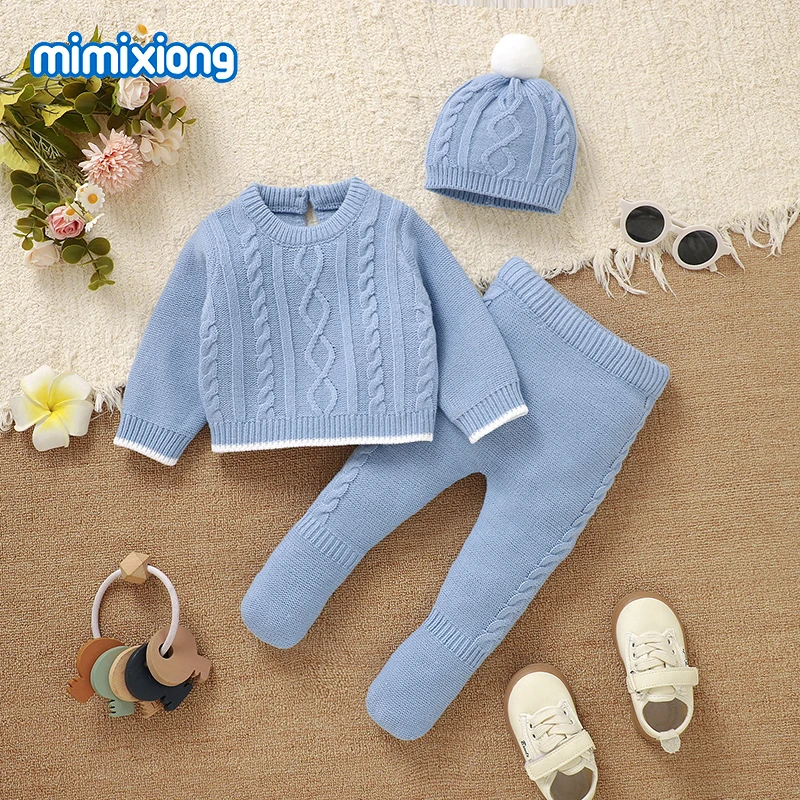 طفل الفتيان الملابس مجموعات الأزرق شتاء دافئ محبوك الوليد الرضع سترة البلوز القمم + السراويل + القبعات الدعاوى 3 قطعة 0-1Y ملابس أطفال #1