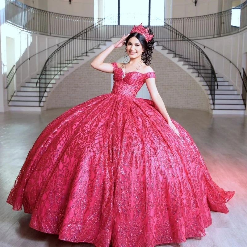 Rose Red Shiny Quinceanera Dress 2024 Ball Gown Big Bow Crystal For Sweet 16 15 Sequined Princess Vestidos De XV 15 Anos