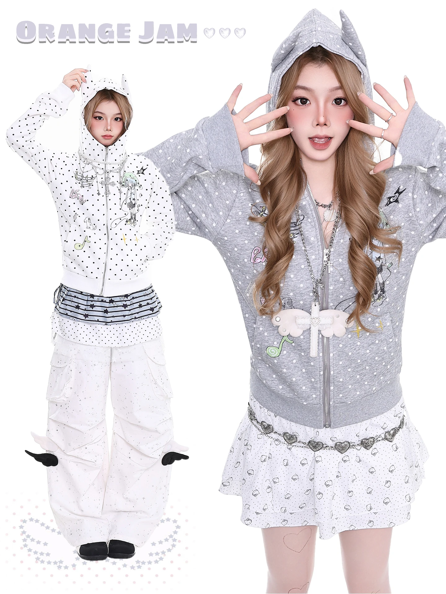 

Оранжевая толстовка с капюшоном и принтом в горошек, с мультяшными рожками дьявола, женская, весенняя, приталенная, в стиле Y2K, повседневная, с длинным рукавом, на молнии