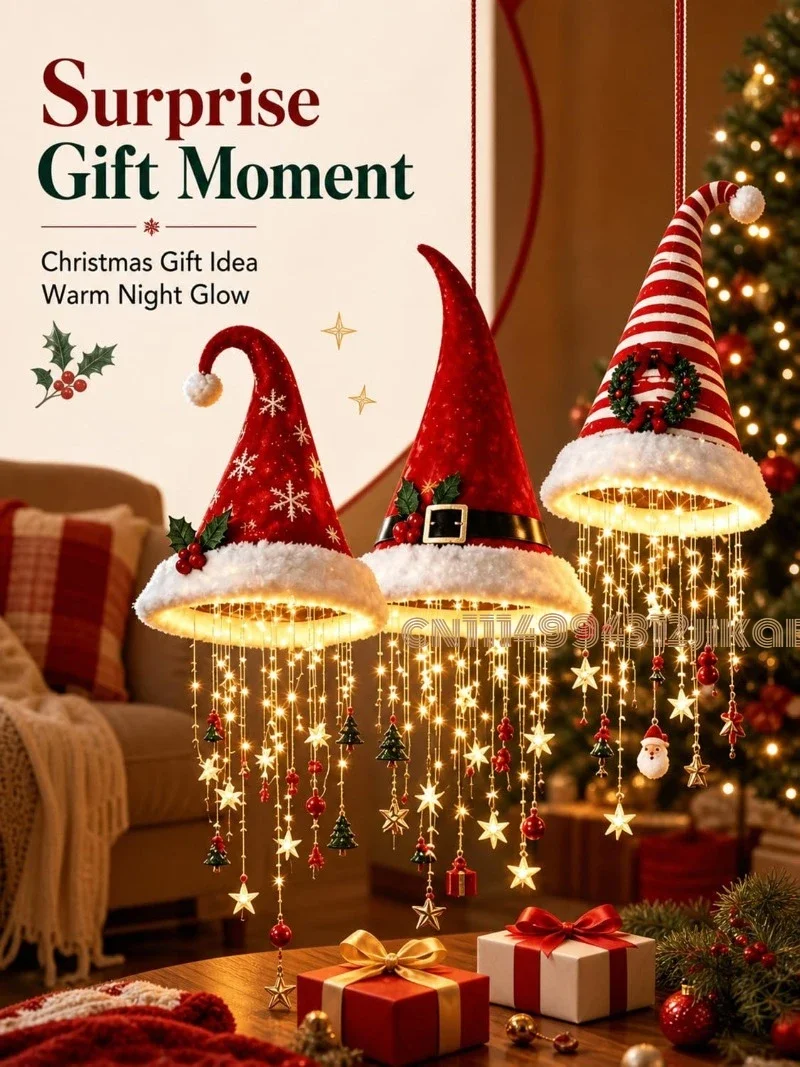 Lighted Santa Hat Hanging Chandelier, Indoor Outdoor Christmas Decor,Warm LED Christmas String Light with Festive Tassels - view 5