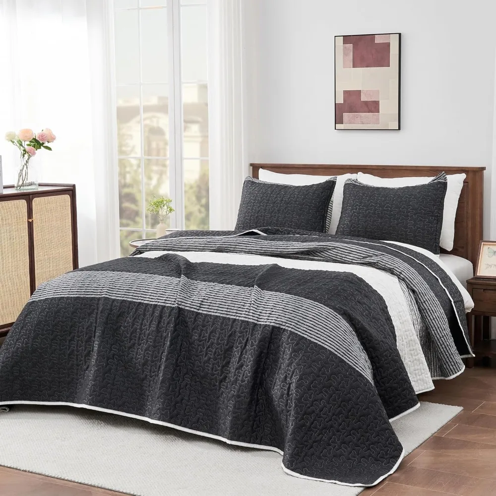 

Black and White Striped Oversized King Quilt Set, 128x120 Inches, 3-Piece Lightweight Grey Patchwork Bedspread Coverlet for Supe