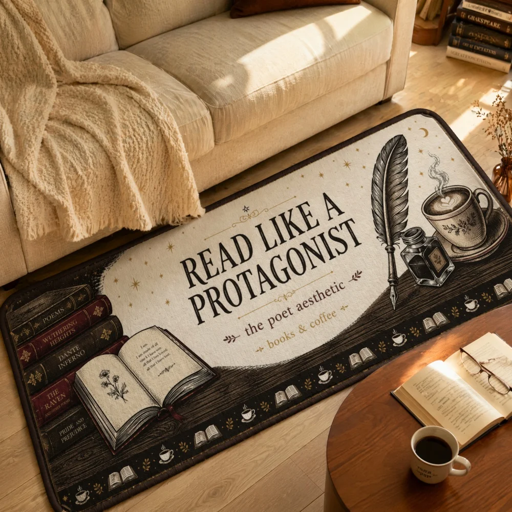 Flannel Long Runner Floor Mat Vintage Book Quill Coffee Cup Print NonSlip Absorbent Rug Reading Nook Literary Home Decor Doormat