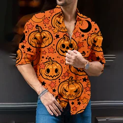 2024 Casual Lapel Halloween Shirt Tops Men's Clothing Hawaiian Shirt Men's Shirt 3d Pumpkin Print Short Sleeve Shirt