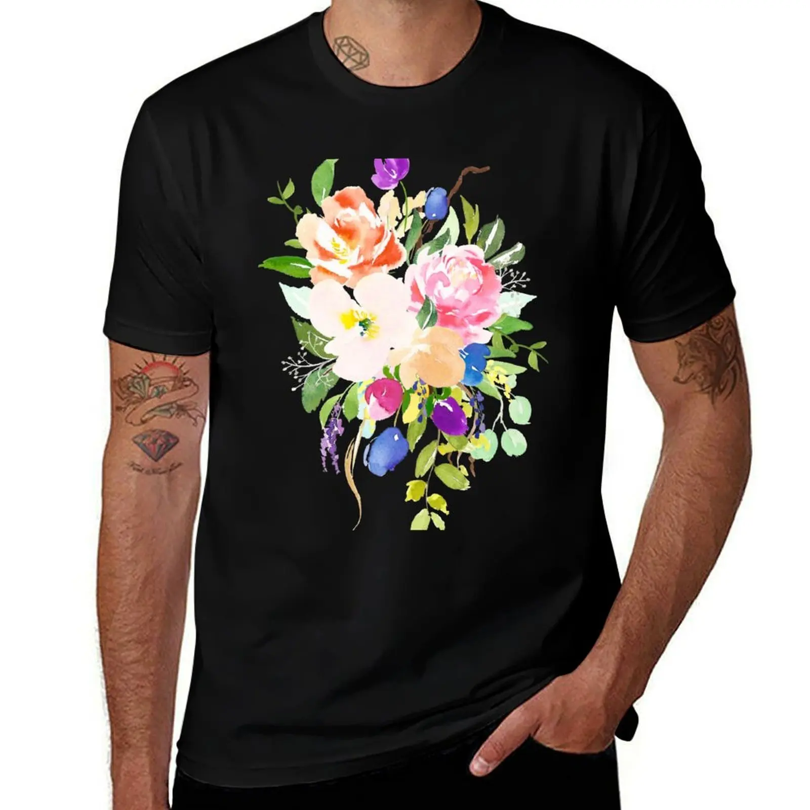Watercolor Floral Bouquet Mixed Flowers T-Shirt Plus Size Short Sleeve T-Shirt