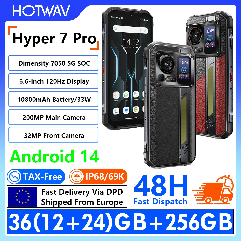 [Versand aus Europa] HOTWAV Hyper 7 Pro 5G Outdoor-Handy 6,6-Zoll FHD+ 120Hz Display 36(12+24)GB RAM+256GB ROM Dimensity 7050 5G 10800mAh Akku 33W Schnellladung 200MP+32MP Kamera Android 14 NFC
