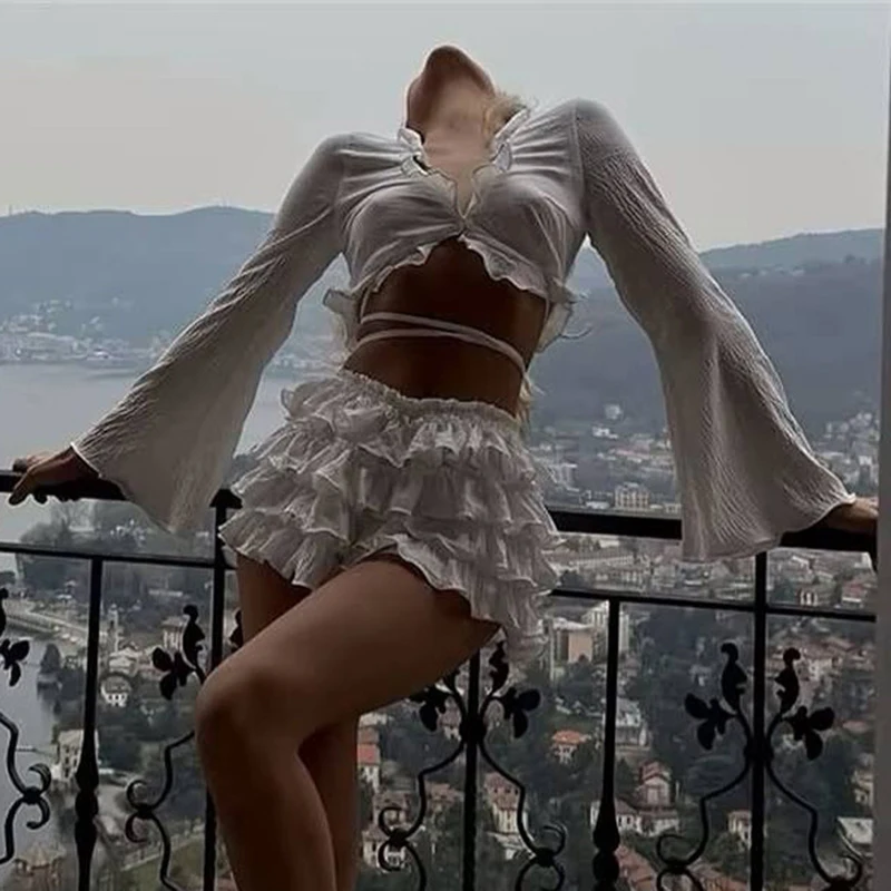 

Summer New Solid Color Slim Commute 2pc Sets Casual Simple Cake Skirts Set Sexy V-neck Ruffles Long Sleeve Tops&Mini Skirts Sets