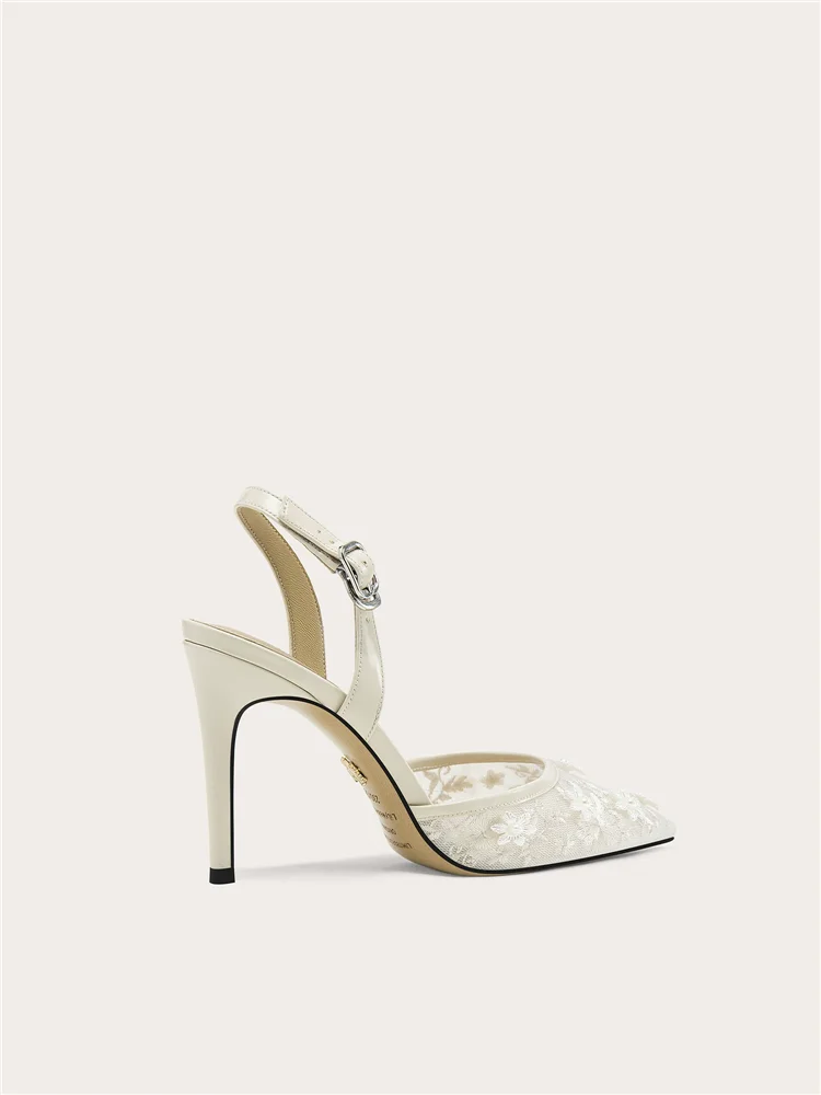 Summer new pointed lace mesh embroidered pearl wedding shoes banquet dress large size small size slim high-heeled women's sandal