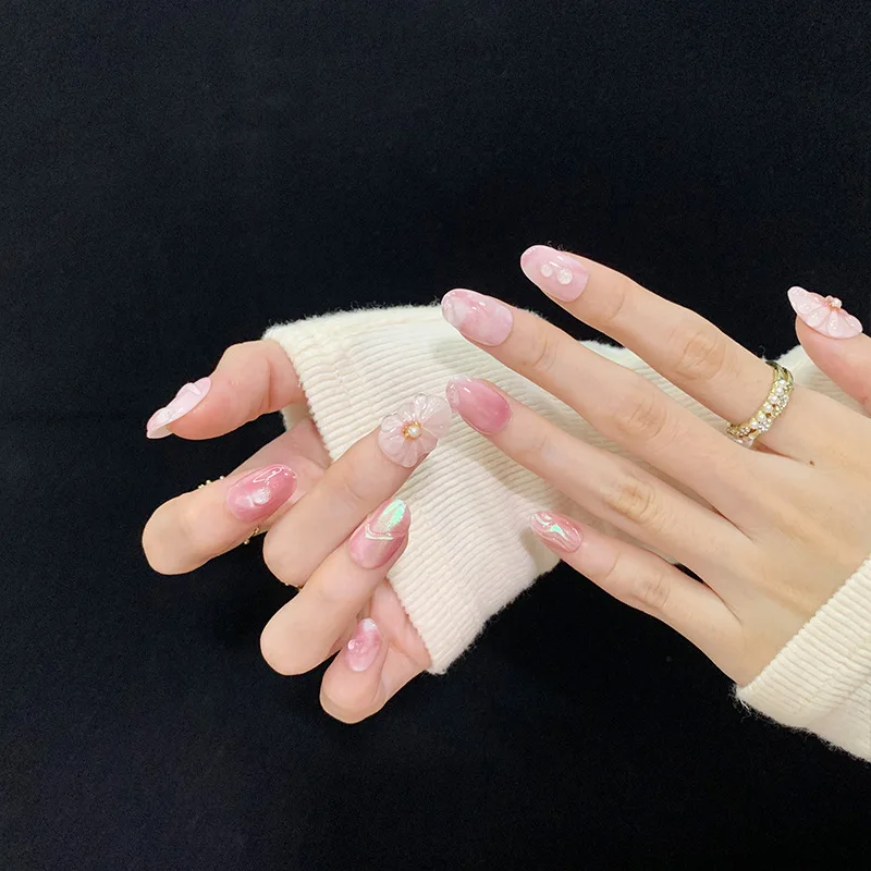 Handmade Reusable Adhesive False Nails with Design Artificial Sticky Nails Spring Pink Short Press on Nails with Box and Tools