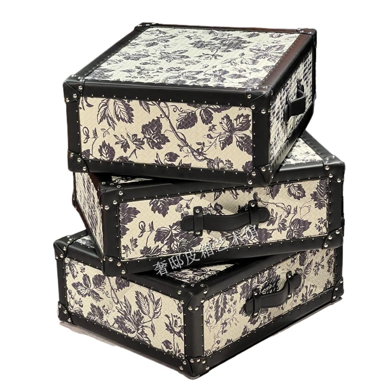 

American retro bedside table French multi-function rotating storage leather case coffee table premium sense