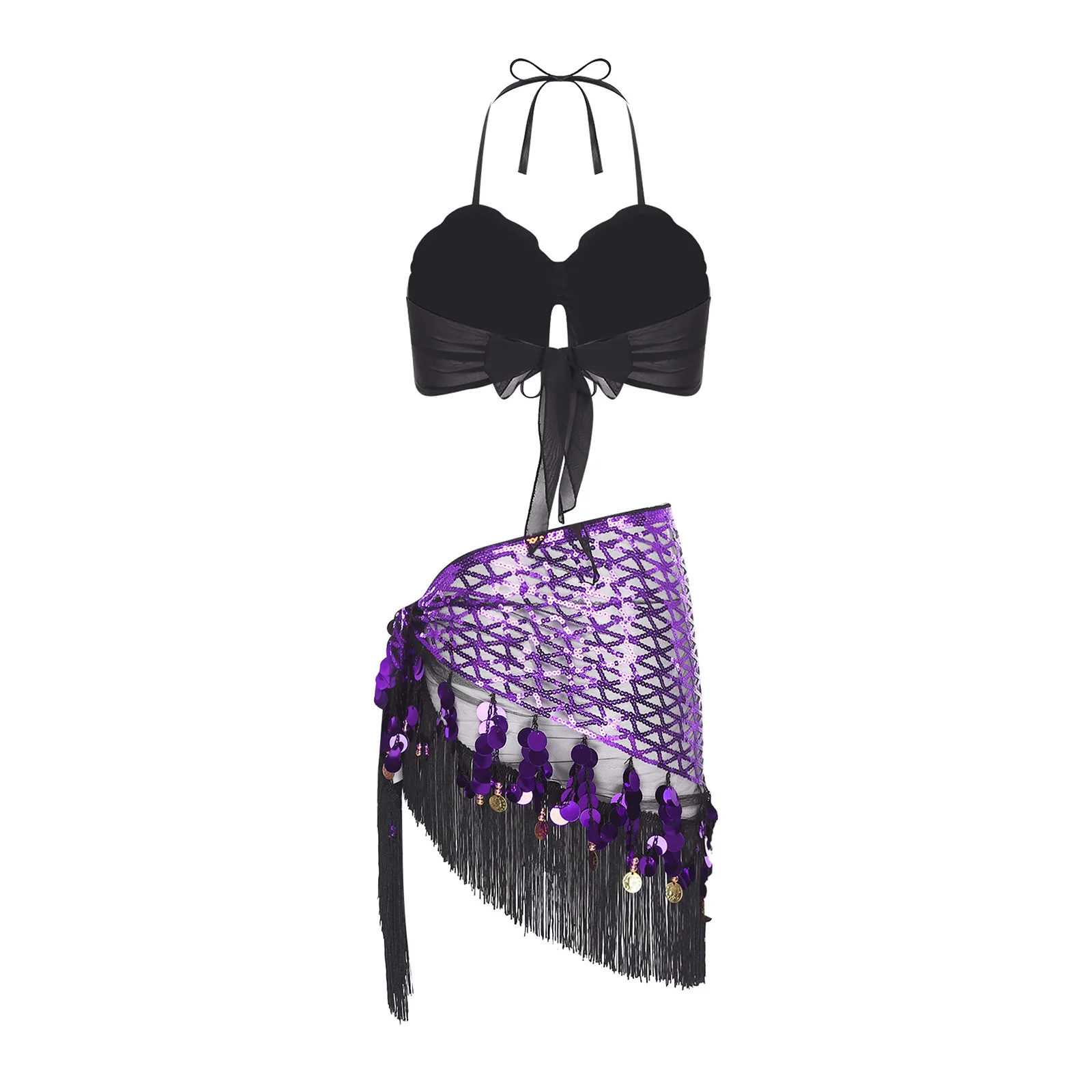 ชุดเต้นระบำหน้าท้องผู้หญิงประดับเลื่อมวิบวับ พร้อมเสื้อครอปผูกเชือกแบบผูกคอ + ผ้าคลุมสะโพกทรงสามเหลี่ยมประดับเลื่อมและพู่ห้อย พร้อมสายคาดเอว