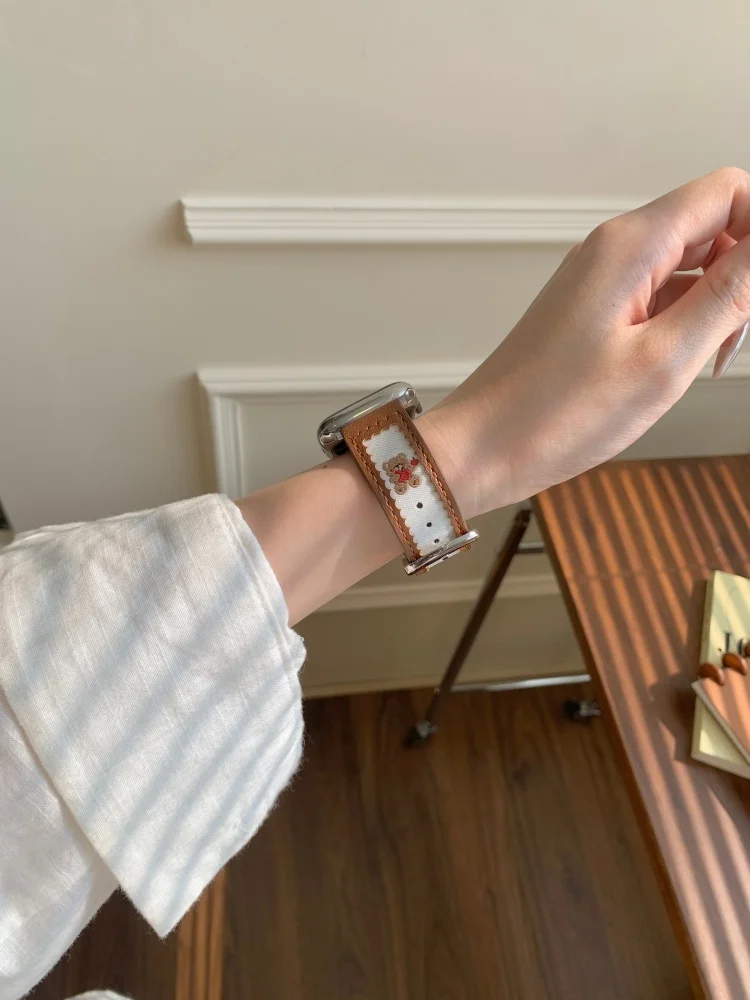 لطيف الدب حلقة من جلد ل iWatch الترا 11 10 9 8 7 6 5 Se امرأة سوار للساعة أبل 40 مللي متر 41 42 مللي متر 44 مللي متر 45 مللي متر 46 مللي متر 49 مللي متر