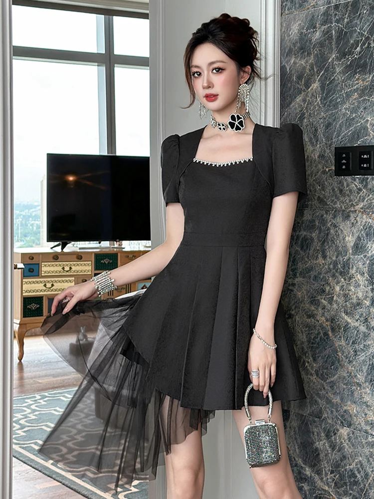 Sommer Schwarz Square Neck Schlank Plissee Asymmetrische Mini Kleid Frauen Elegante Formale Party Cocktail Kleid Dating Mujer Kleidung Chic