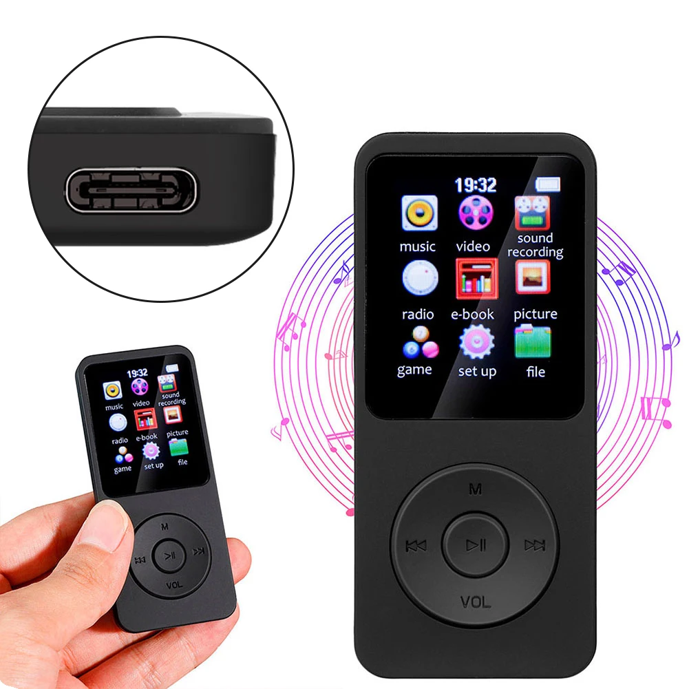 Bluetooth-Compatible5.0 C 타입 음악 스테레오 플레이어, 지지대 FM 라디오, 전자책 녹음, 1.8 인 스크린 스포츠 MP3 플레이어