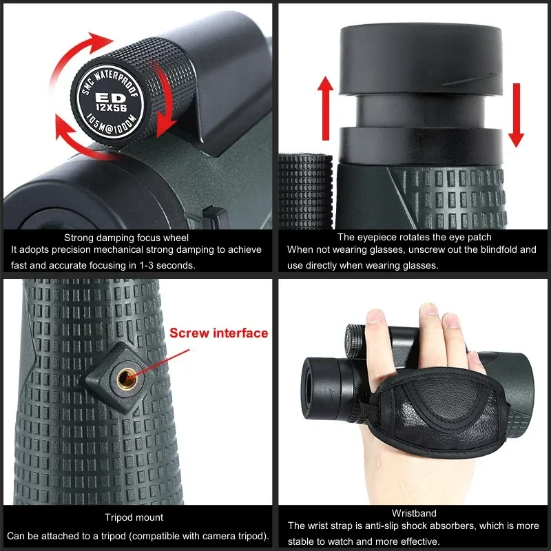 Imagem -04 - Monocular Poderoso com Long Range Bolso Spotting Âmbito Zoom Telescópio Óculos para Caça Camping Turismo 12x56ed Bka4 Fcm