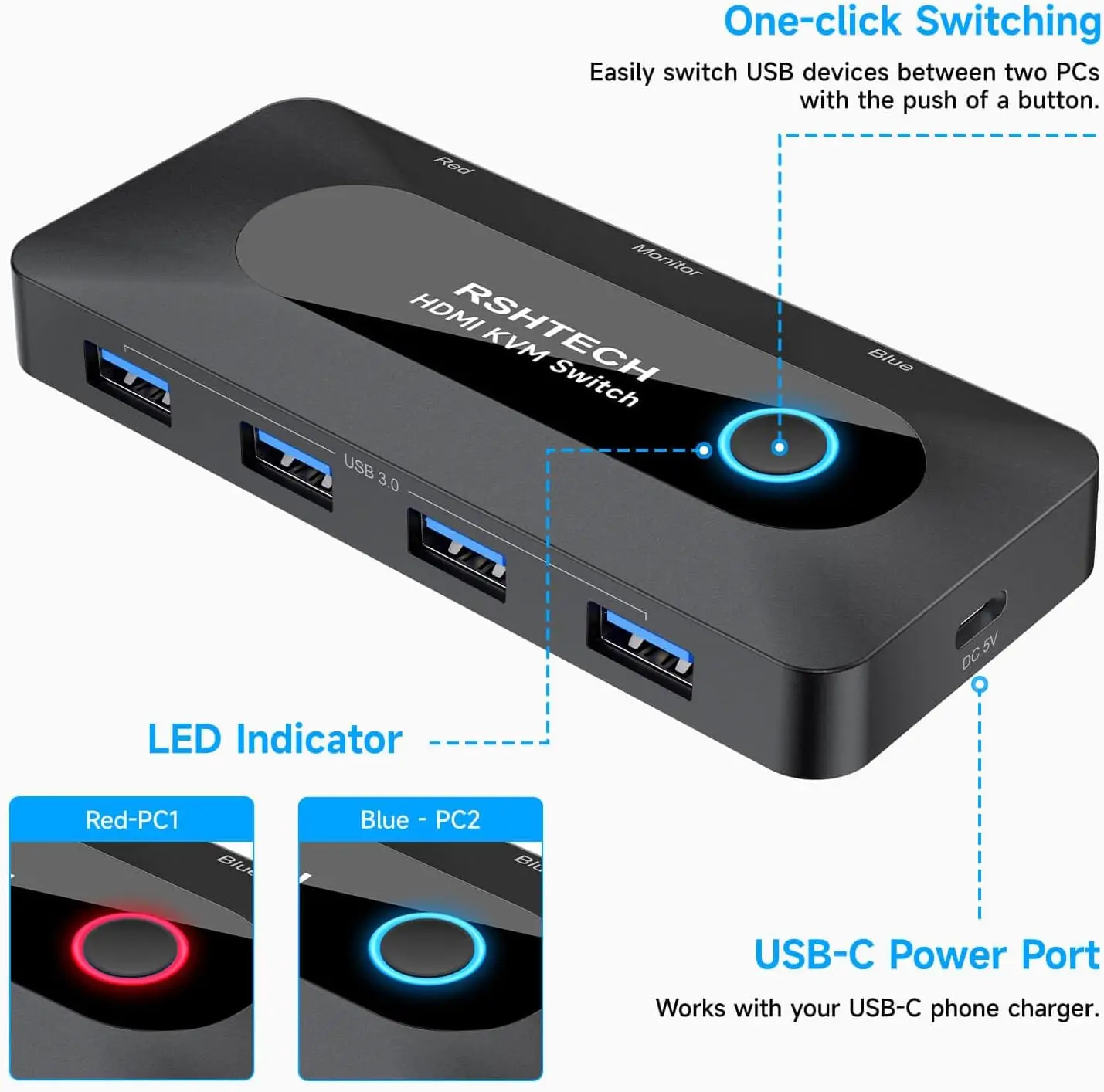 مفتاح RSHTECH KVM مع HDMI 4K@60 هرتز و4 منافذ بيانات USB-3.0 لـ 2 جهاز كمبيوتر مشاركة طابعة ماوس لوحة المفاتيح وشاشة واحدة عالية الدقة