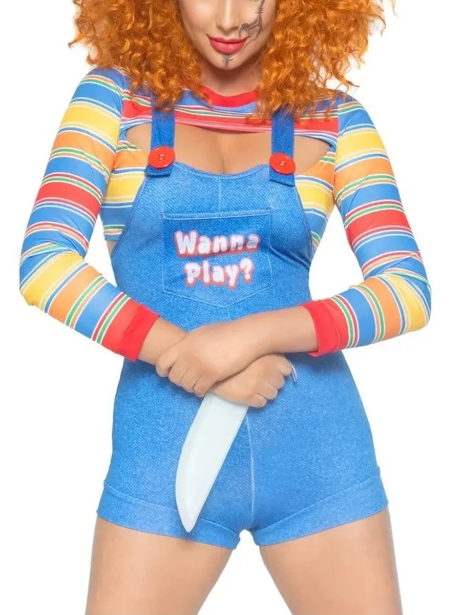 Halloween Costumes Women s Bib Shorts Set Colorful Striped Long Sleeve Front Hollow Slim Short Tops Letter Bib Shorts