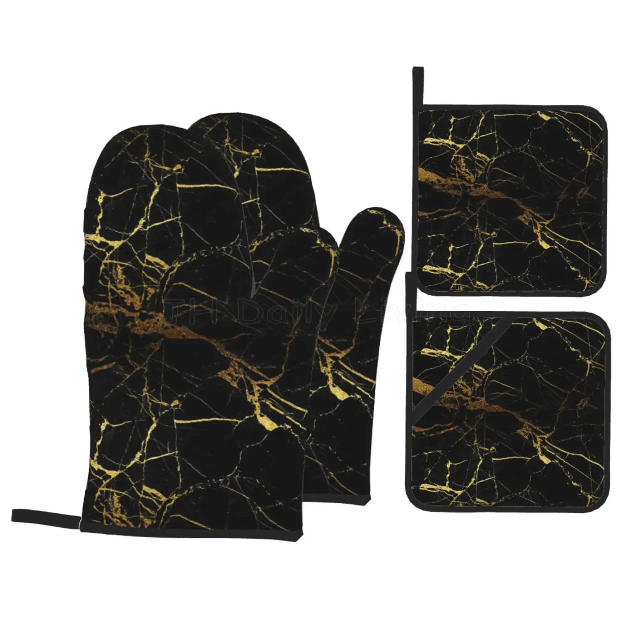 

Black Gold Marble Oven Mitts and Pot Holders Sets of 4 High Heat Resistant Non-Slip Gloves Pot Holders for Kitchen Cooking BBQ
