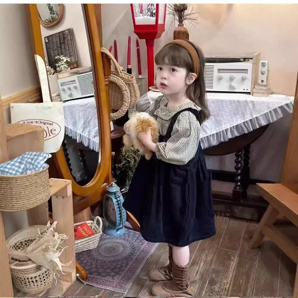 Girl Casual Dresses Strap Skirt Autumn New Girl Long Sleeves Shirt Dress Two Pieces College Simple 2024 Solid Fashion