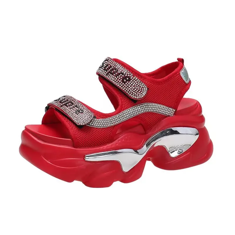 Sandálias de plataforma de peixe para mulheres, saltos altos volumosos, sapatos de cunhas femininas, vermelho, verão, novo