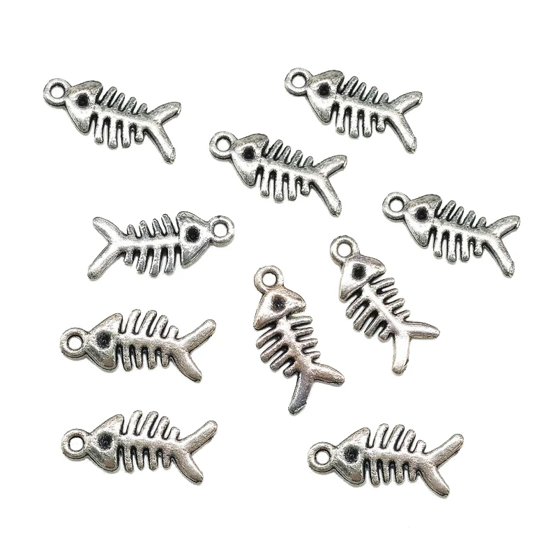 10Pcs/Lot Retro Silver Color Fish Bone Pendant Charm for Necklace Earring Bracelet Making DIY Jewelry Accessory Finding