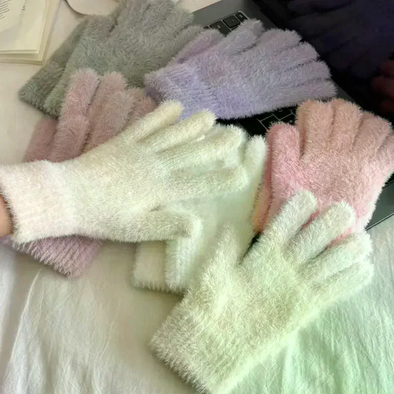 تقليد فرو المنك قفازات محبوكة شتاء دافئ سميكة المخملية خمسة أصابع قفازات النساء في الهواء الطلق الدراجات بلون القفازات #4