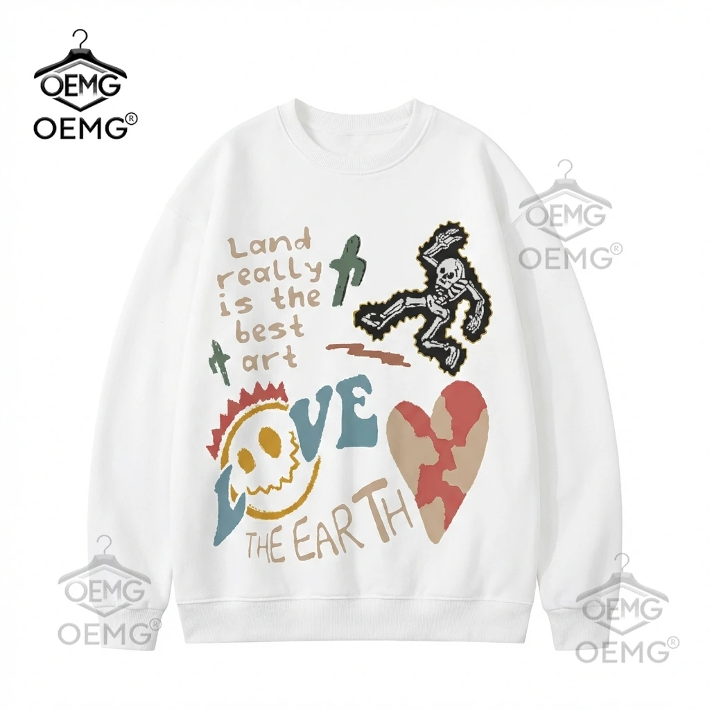

Men's Colorful Graffiti Crewneck Sweatshirt with Skull Smiley Heart and Love The Earth Eco Message Print