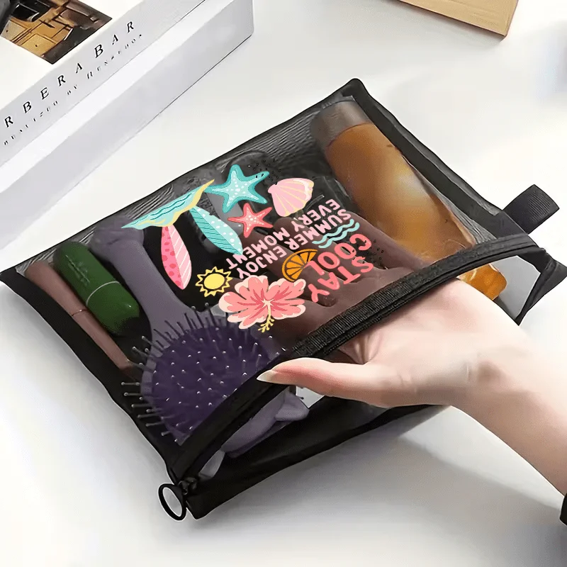 

Shell Pattern Mesh Travel Toiletry Bag Closure Fabric Makeup Organizer Bag Transparent Storage Bag Suitable for Beach Vacation