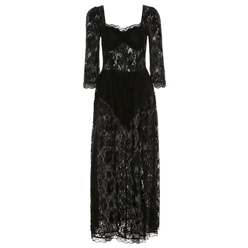 WeiYao Square Neck Half Sleeve Lace Look Through Sexy Split Slim Fit Women's Dress Dark Gothic Elegant Party Evening Dresses