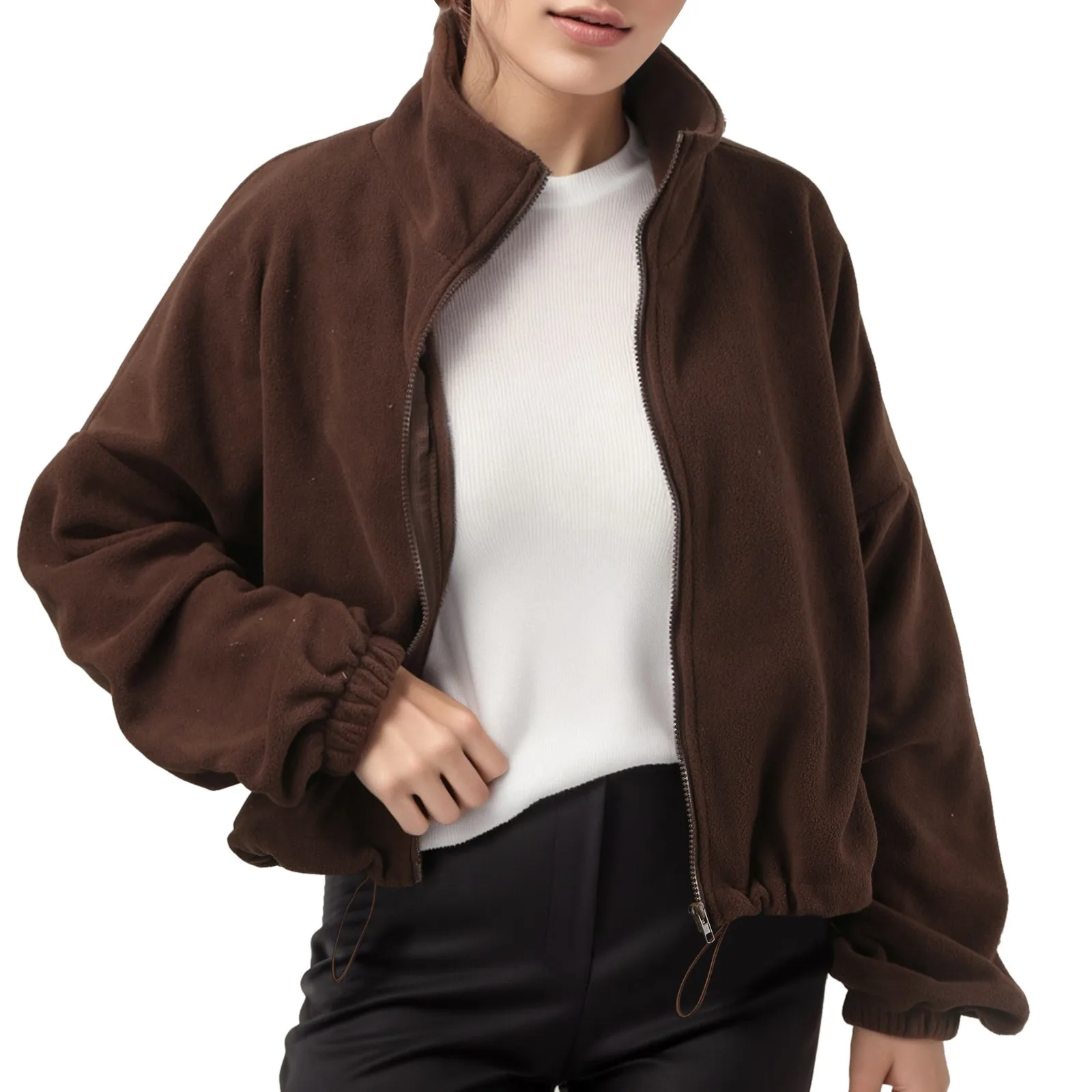 2024 New Plush Zip Up Hoodies Brown Drawstring Cropped Hoodie Long Sleeve Stand Collar Sweatshirt Ropa De Mujer