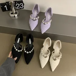 Comemore Pointed Toe Women Pumps New Fashion Dress Shoes Woman Thin Mid Heels Rhinestone Pearl Purple Beige Black Heels Women