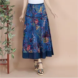 Retro Elegant Summer Printed Women's Cotton Hemp Fashion Casual Elastic Waist Patchwork High Waist Mid Length A-line Skirts