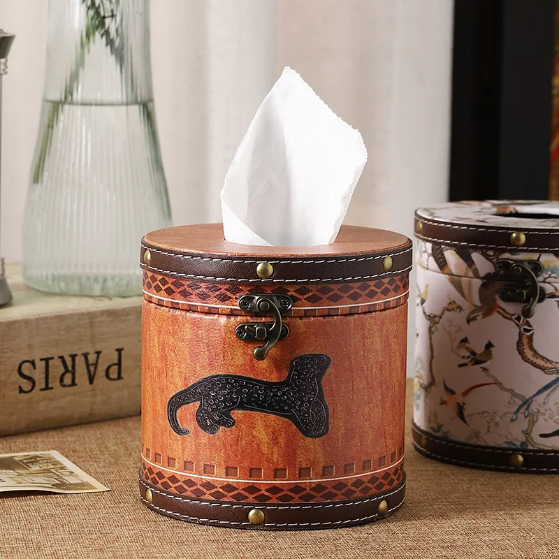 

Light Luxury Style Napkin Box Suitable for Home Living Room Bedroom Chinese Style Guofeng Tissue Box Circular Leather Drawer Box