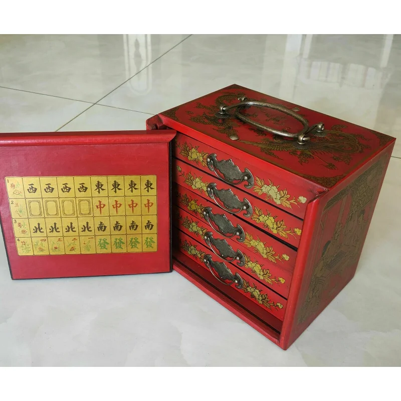 Portable Retro Mahjong 144 Tiles Game Mah-Jong set In wood 5 drawer draw Box