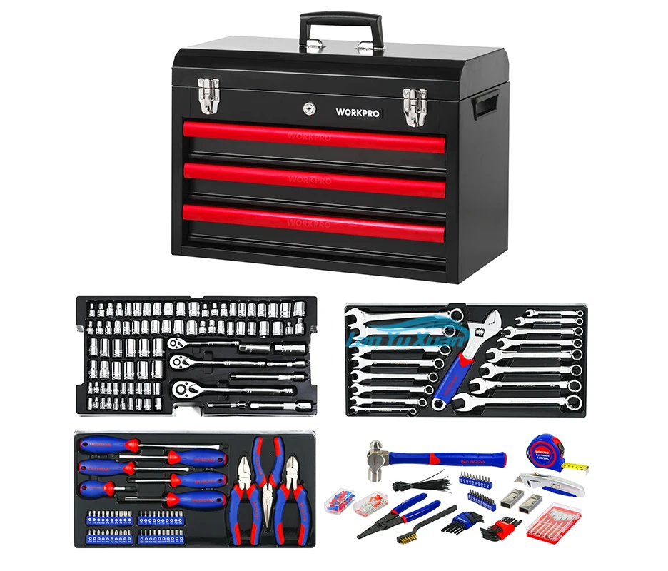 WORKPRO 408PC 3 Drawer Tool Cabinet Case Storage Kit Heavy Duty Metal Box Chest Mechanical Tools Set