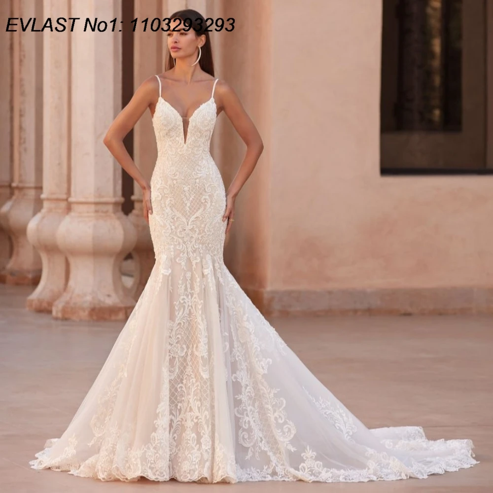 

EVLAST Customized Vintage 2025 Mermaid Wedding Dress Lace Applique Beading Spaghetti Wedding Bridal Gown Vestidos De Novia TMD87