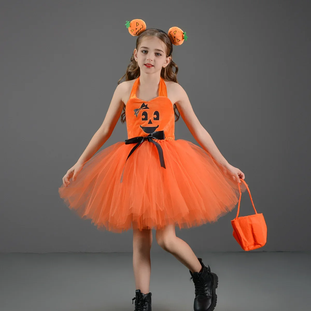 Halloween Child Pumpkin Cosplay Costume Girls Nylon Mesh Tutu Dresses Headdress Bag Kids Birthday Party Performance Dress