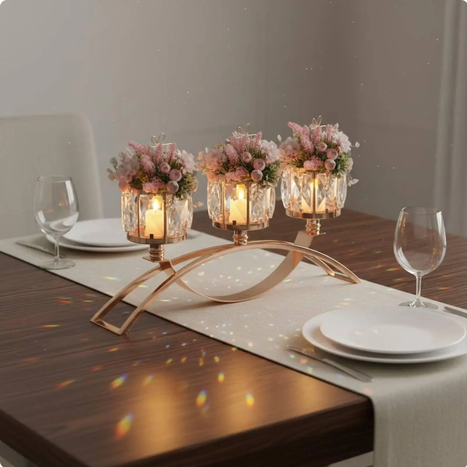 Faceted Crystal Bead Candle Holder Candelabra for Wedding Centerpiece Table Decor Gold