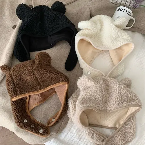 폴라 플리스 겨울 비니 모자, 곰 귀, 겨울 비니 모자, 스카프, 목 워머, 방풍 귀 보호 모자, 여성 소녀