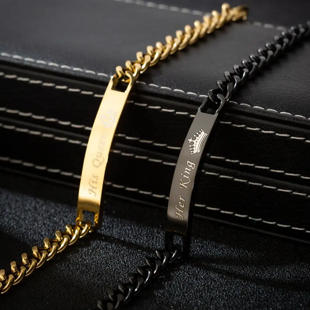 Puro preto cor de ouro em branco rei rainha príncipe princesa pulseira de aço inoxidável casal jóias presente do dia dos namorados atacado