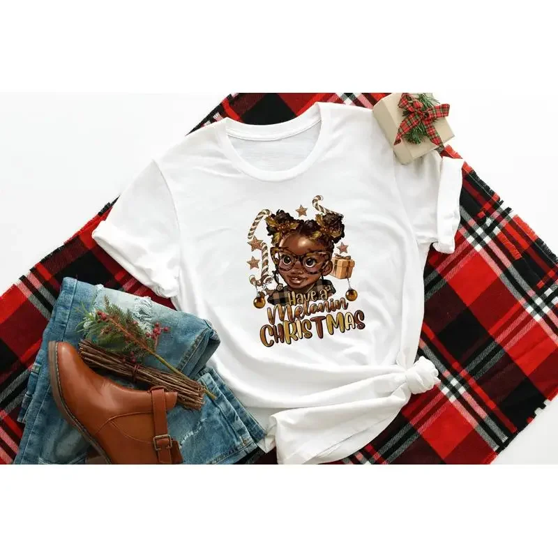 

Рождественская футболка Have A Melanin, женская черная футболка для маленьких девочек, S