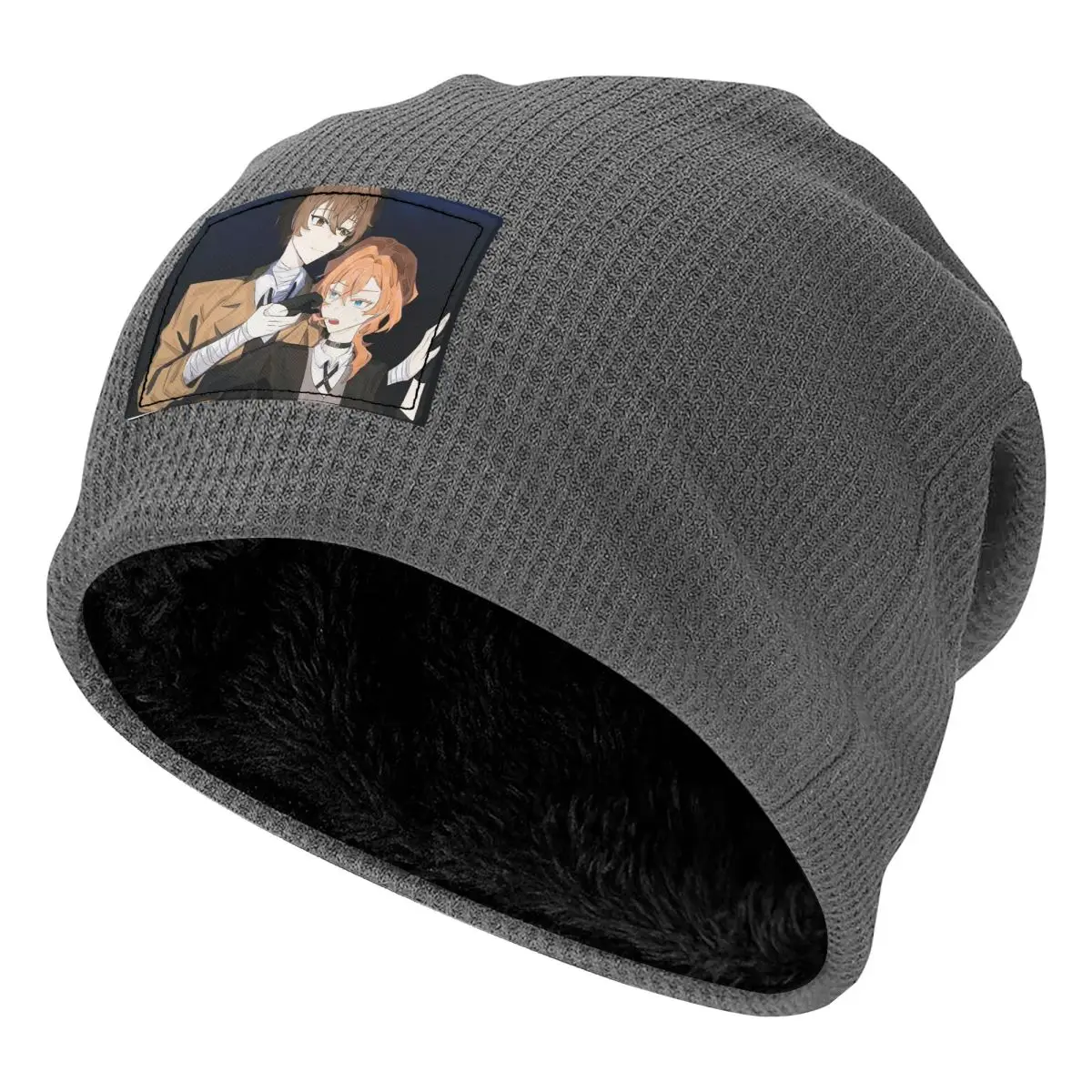 Bungou Stray Dogs Wan Anime Dazai And Chuuya Waffle Knit Fleece Lined Beanie with PU Leather Patch Unisex Warm Winter Soft Cap